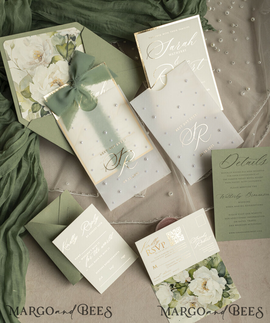 WEDDING INVITATIONS gold / rose gold / silver / glitter Sag Green Chiffon bow beaded bespoke Elegant Greenery Gold Wedding Invitation Suite, White Perls Golden Wedding Cards, Boho golden folder Wedding Stationery, Vellum etui with monogram