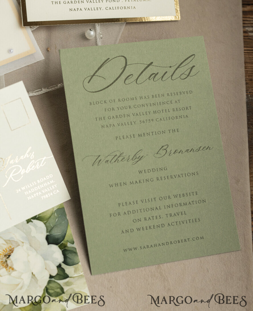WEDDING INVITATIONS gold / rose gold / silver / glitter Sag Green Chiffon bow beaded bespoke Elegant Greenery Gold Wedding Invitation Suite, White Perls Golden Wedding Cards, Boho golden folder Wedding Stationery, Vellum etui with monogram