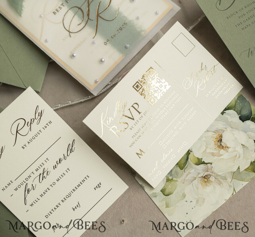 WEDDING INVITATIONS gold / rose gold / silver / glitter Sag Green Chiffon bow beaded bespoke Elegant Greenery Gold Wedding Invitation Suite, White Perls Golden Wedding Cards, Boho golden folder Wedding Stationery, Vellum etui with monogram