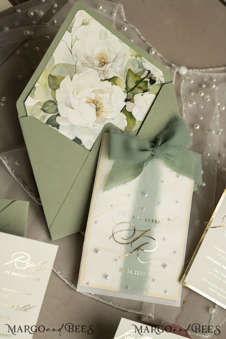 WEDDING INVITATIONS gold / rose gold / silver / glitter Sag Green Chiffon bow beaded bespoke Elegant Greenery Gold Wedding Invitation Suite, White Perls Golden Wedding Cards, Boho golden folder Wedding Stationery, Vellum etui with monogram