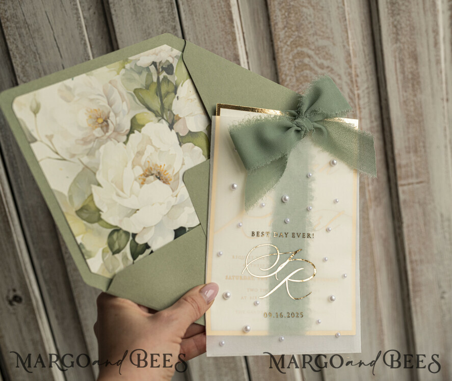 WEDDING INVITATIONS gold / rose gold / silver / glitter Sag Green Chiffon bow beaded bespoke Elegant Greenery Gold Wedding Invitation Suite, White Perls Golden Wedding Cards, Boho golden folder Wedding Stationery, Vellum etui with monogram