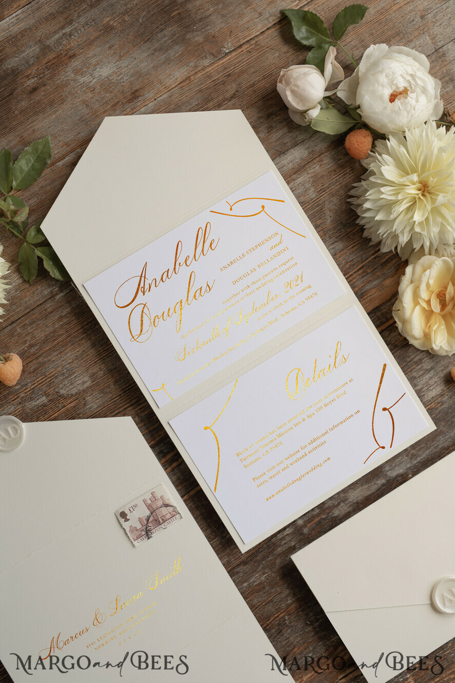 WEDDING INVITATIONS gold / rose gold / silver / glitter Luxury Golden Wedding Invites, Elegant Nude Pocketfold Wedding Invitations, Glamour Gold Foil Wedding Cards, Minimalistic Wedding Stationery
