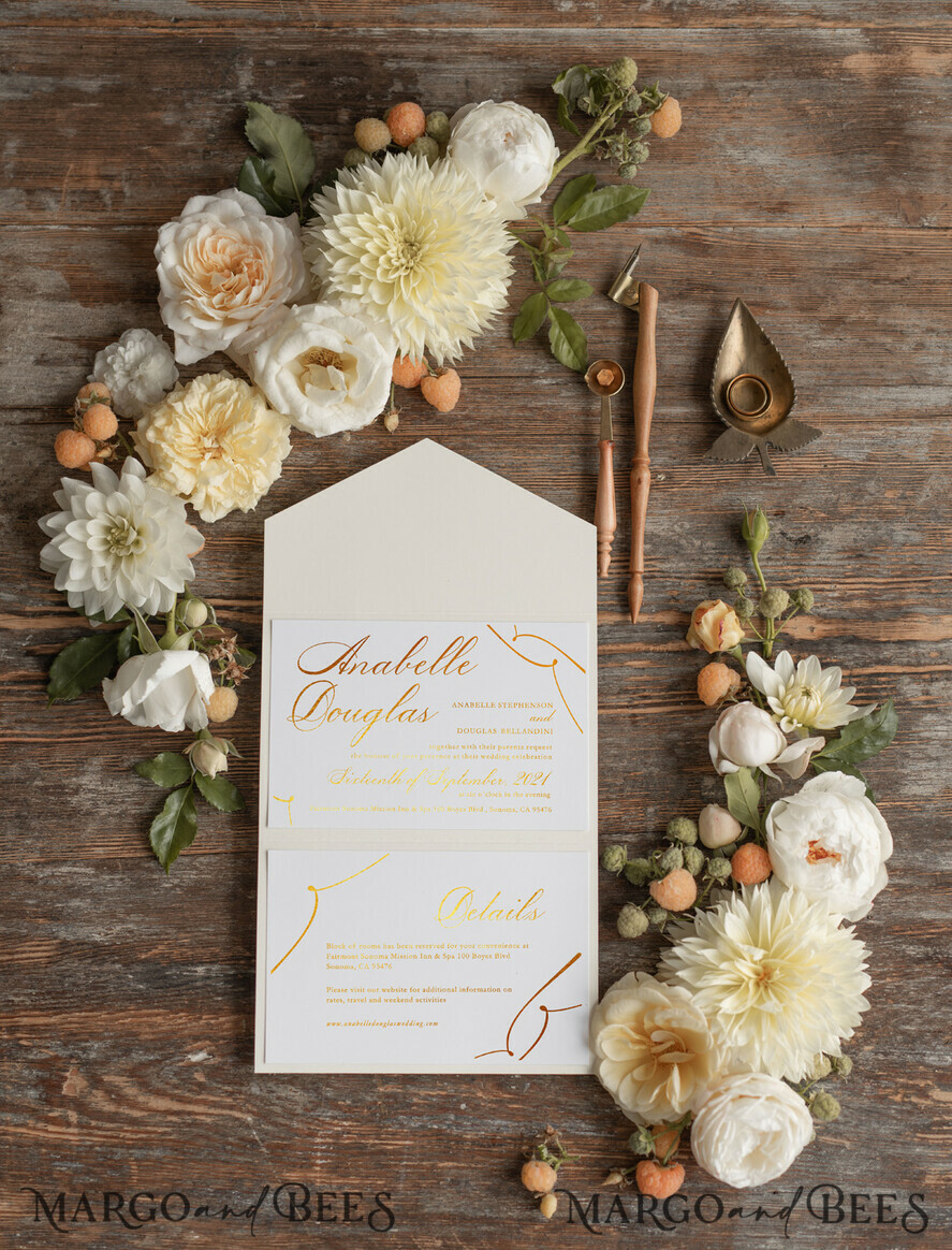 WEDDING INVITATIONS gold / rose gold / silver / glitter Luxury Golden Wedding Invites, Elegant Nude Pocketfold Wedding Invitations, Glamour Gold Foil Wedding Cards, Minimalistic Wedding Stationery