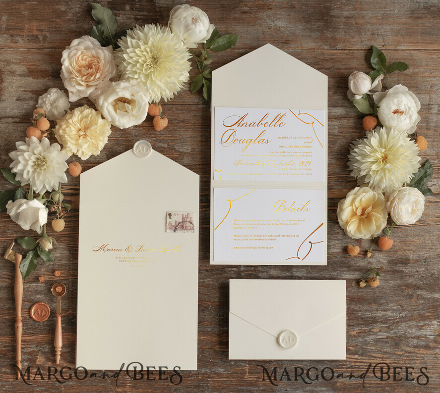 WEDDING INVITATIONS gold / rose gold / silver / glitter Luxury Golden Wedding Invites, Elegant Nude Pocketfold Wedding Invitations, Glamour Gold Foil Wedding Cards, Minimalistic Wedding Stationery