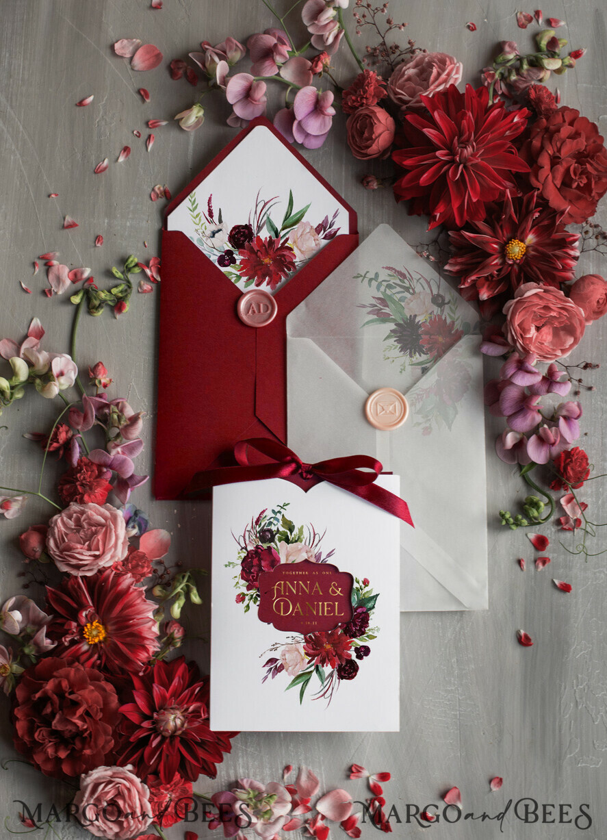 WEDDING INVITATIONS gold / rose gold / silver / glitter Romantic Red Wedding Invites With Bow, Glamour Floral Wedding Invitations, Indian Luxury Gold Foil Wedding Cards, Bespoke Burgundy Pocket Wedding Invitation Suite