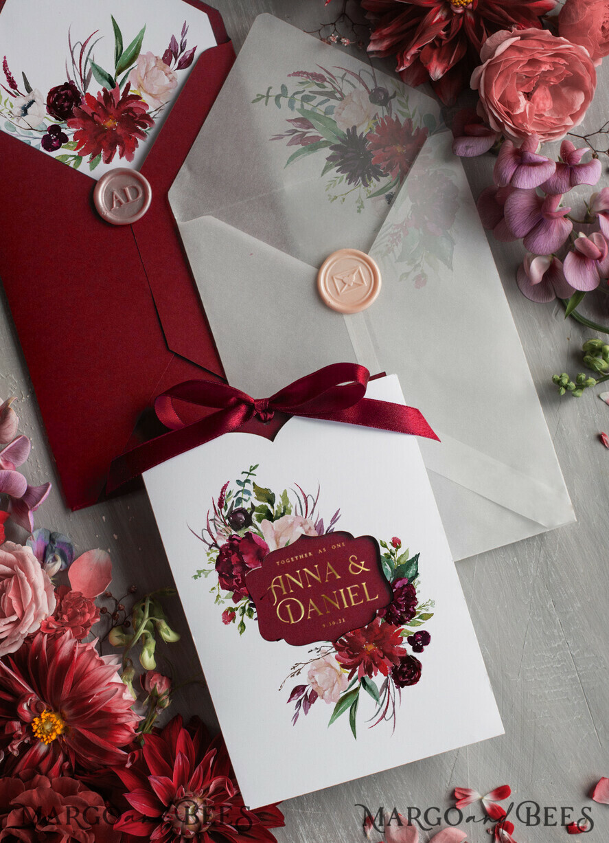 WEDDING INVITATIONS gold / rose gold / silver / glitter Romantic Red Wedding Invites With Bow, Glamour Floral Wedding Invitations, Indian Luxury Gold Foil Wedding Cards, Bespoke Burgundy Pocket Wedding Invitation Suite