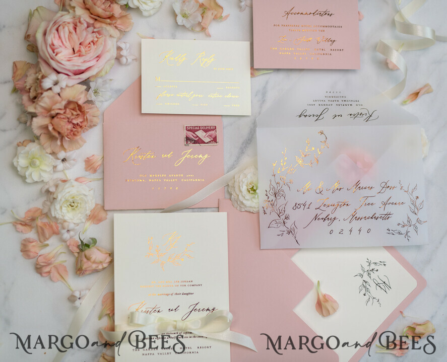 WEDDING INVITATIONS gold / rose gold / silver / glitter Romantic Blush Pink Wedding Invitations, Glamour Gold Foil Wedding Cards, Elegant Golden Wedding Invites, Bespoke Vellum Wedding Invitation Suite