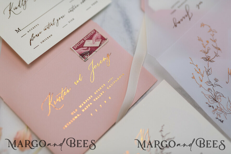 WEDDING INVITATIONS gold / rose gold / silver / glitter Romantic Blush Pink Wedding Invitations, Glamour Gold Foil Wedding Cards, Elegant Golden Wedding Invites, Bespoke Vellum Wedding Invitation Suite