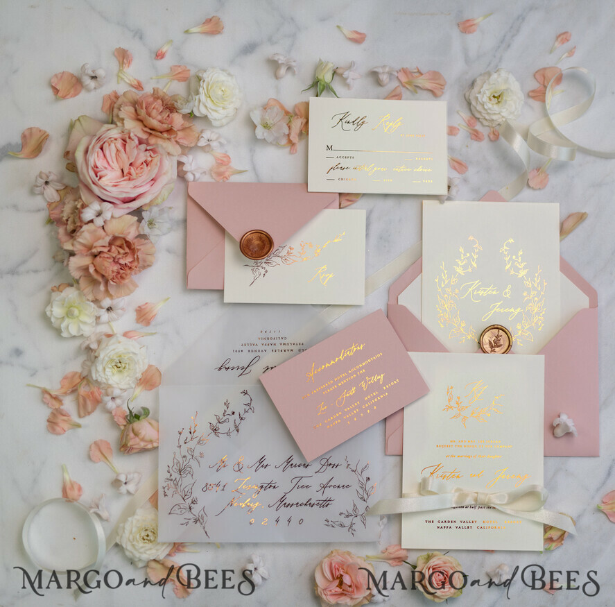 WEDDING INVITATIONS gold / rose gold / silver / glitter Romantic Blush Pink Wedding Invitations, Glamour Gold Foil Wedding Cards, Elegant Golden Wedding Invites, Bespoke Vellum Wedding Invitation Suite