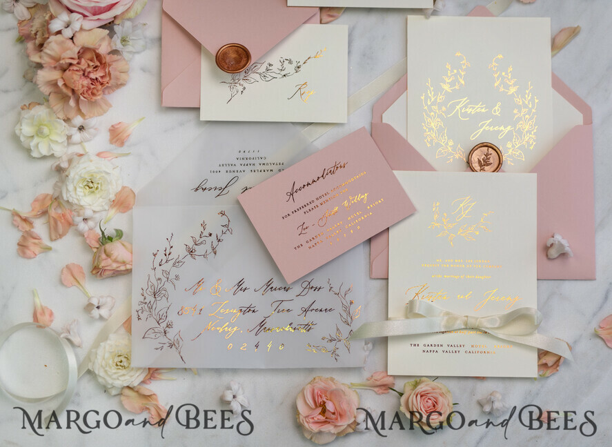 WEDDING INVITATIONS gold / rose gold / silver / glitter Romantic Blush Pink Wedding Invitations, Glamour Gold Foil Wedding Cards, Elegant Golden Wedding Invites, Bespoke Vellum Wedding Invitation Suite