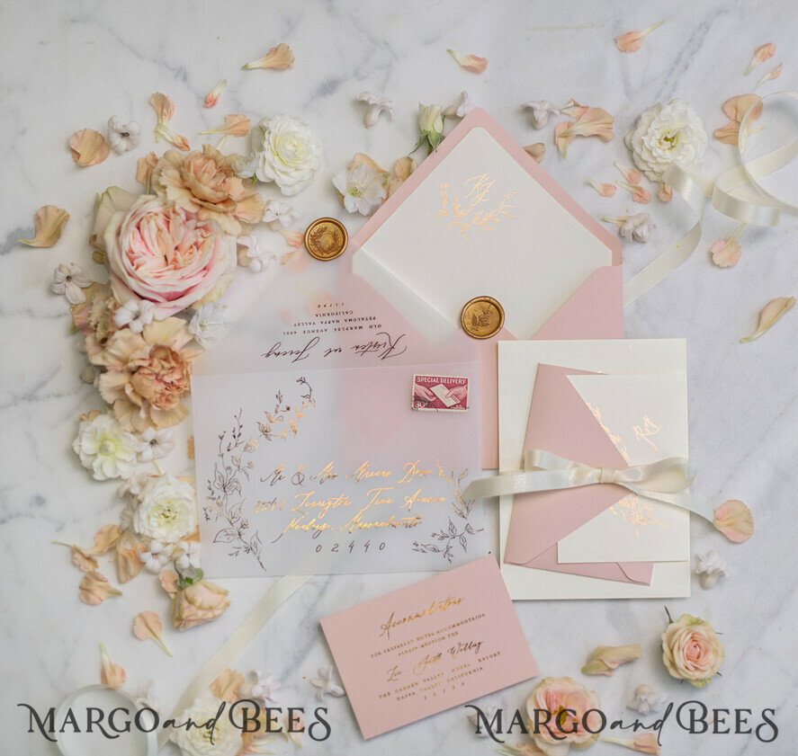 WEDDING INVITATIONS gold / rose gold / silver / glitter Romantic Blush Pink Wedding Invitations, Glamour Gold Foil Wedding Cards, Elegant Golden Wedding Invites, Bespoke Vellum Wedding Invitation Suite