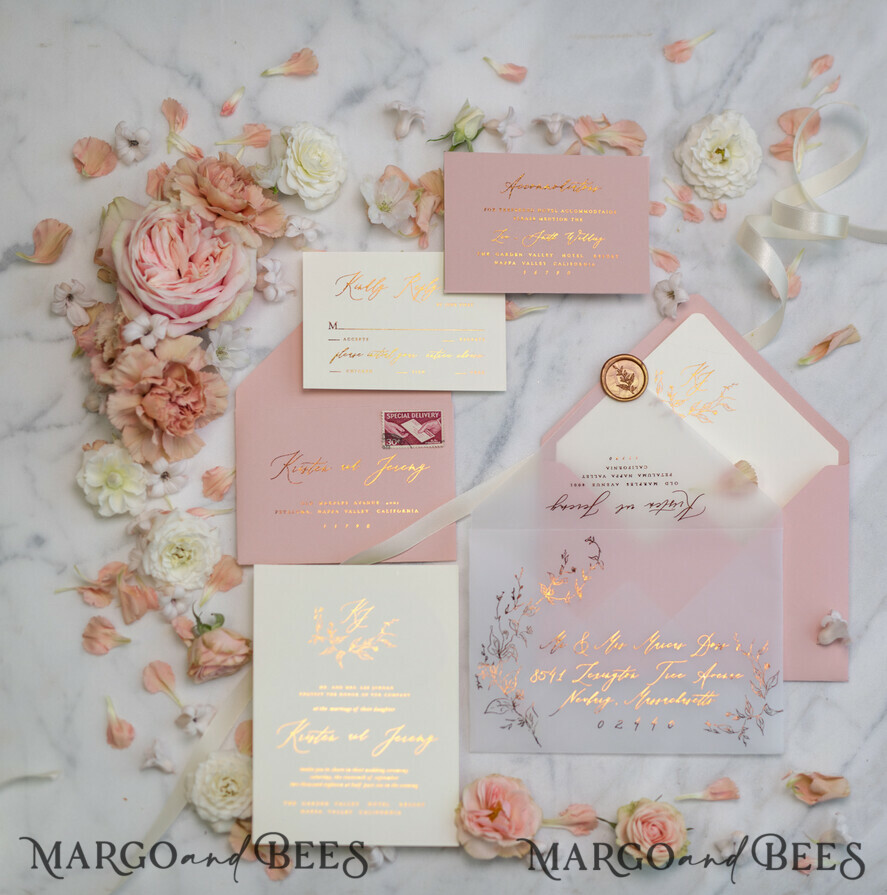 WEDDING INVITATIONS gold / rose gold / silver / glitter Romantic Blush Pink Wedding Invitations, Glamour Gold Foil Wedding Cards, Elegant Golden Wedding Invites, Bespoke Vellum Wedding Invitation Suite
