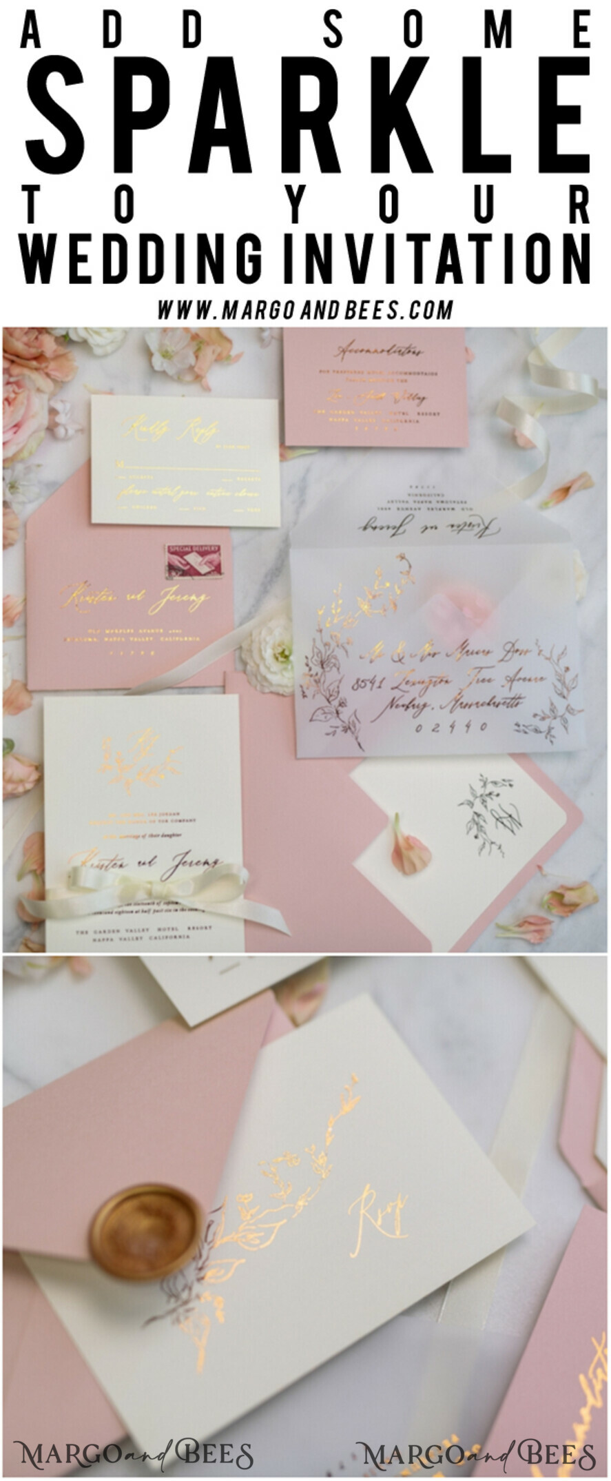 WEDDING INVITATIONS gold / rose gold / silver / glitter Romantic Blush Pink Wedding Invitations, Glamour Gold Foil Wedding Cards, Elegant Golden Wedding Invites, Bespoke Vellum Wedding Invitation Suite