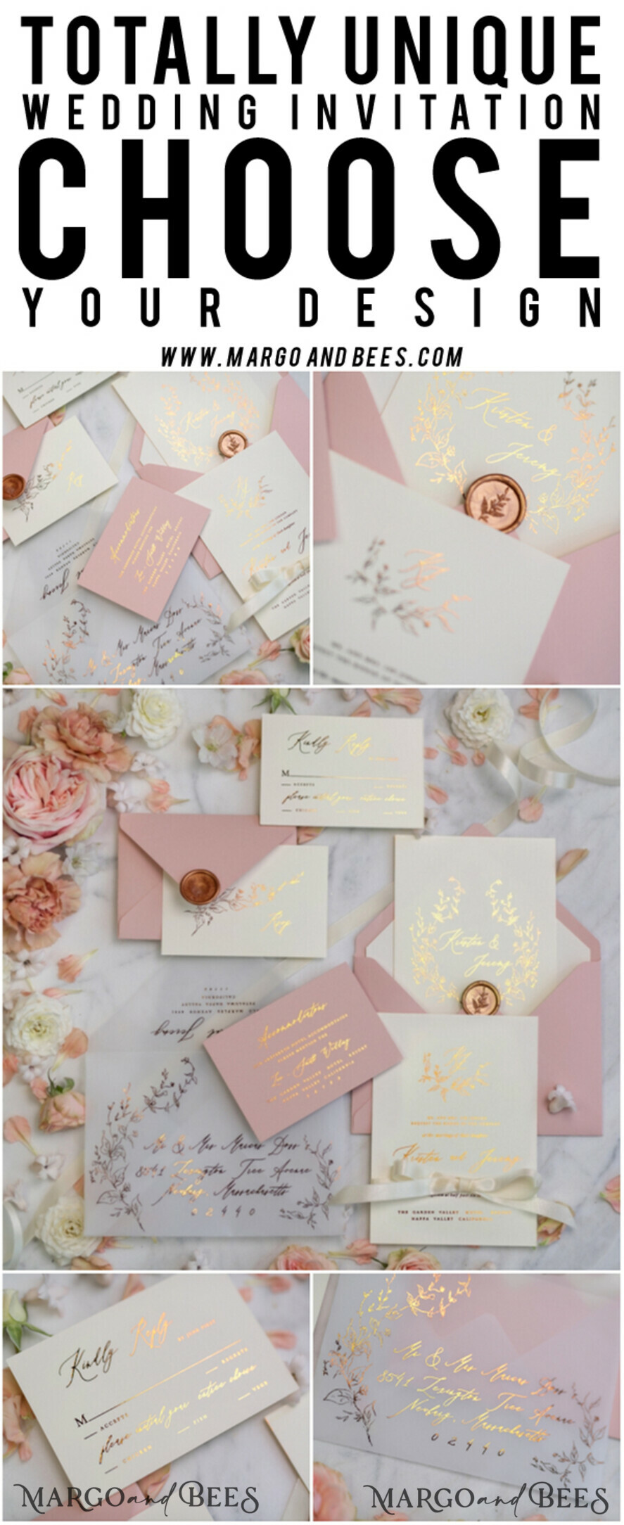 WEDDING INVITATIONS gold / rose gold / silver / glitter Romantic Blush Pink Wedding Invitations, Glamour Gold Foil Wedding Cards, Elegant Golden Wedding Invites, Bespoke Vellum Wedding Invitation Suite