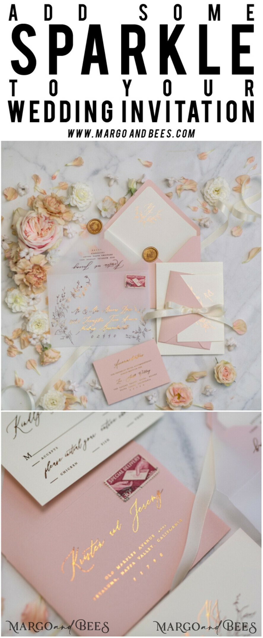 WEDDING INVITATIONS gold / rose gold / silver / glitter Romantic Blush Pink Wedding Invitations, Glamour Gold Foil Wedding Cards, Elegant Golden Wedding Invites, Bespoke Vellum Wedding Invitation Suite