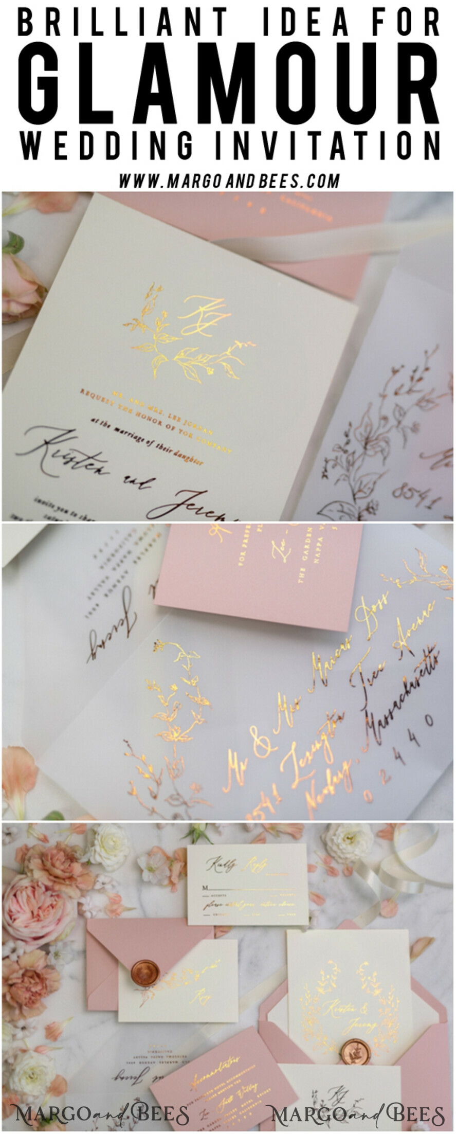 WEDDING INVITATIONS gold / rose gold / silver / glitter Romantic Blush Pink Wedding Invitations, Glamour Gold Foil Wedding Cards, Elegant Golden Wedding Invites, Bespoke Vellum Wedding Invitation Suite