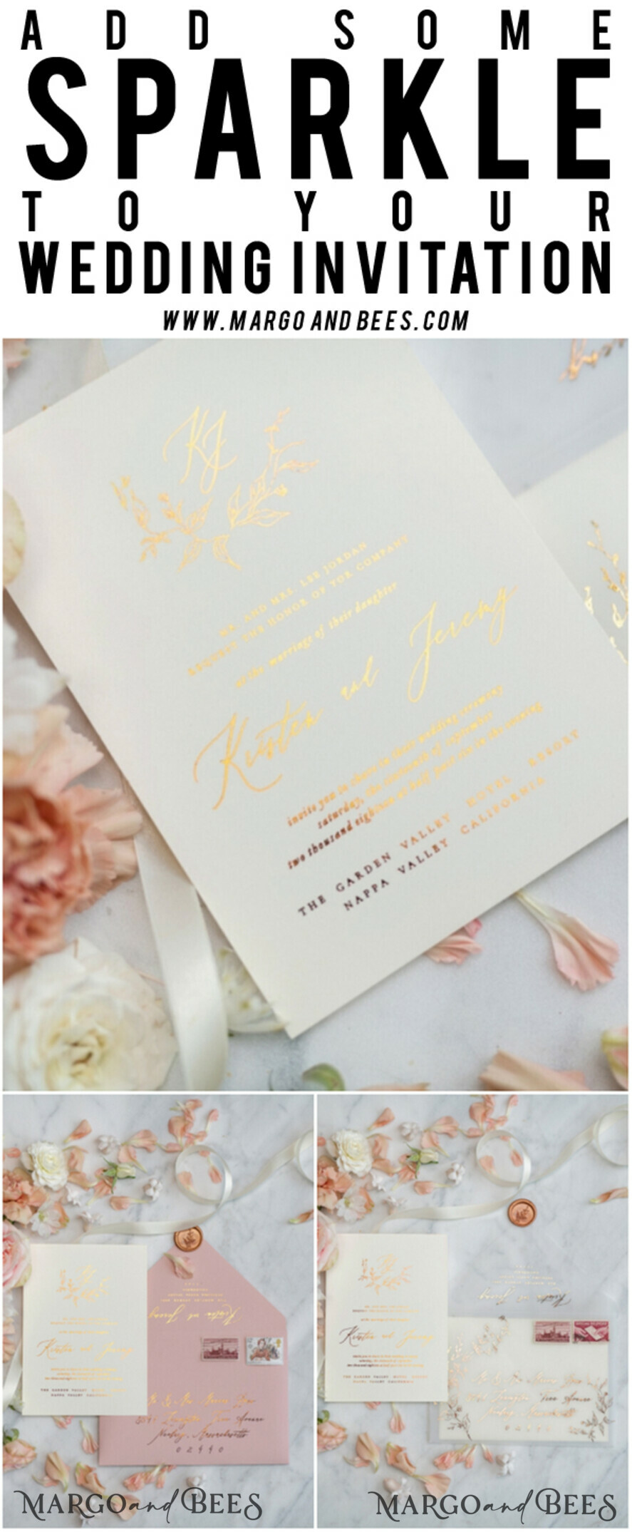 WEDDING INVITATIONS gold / rose gold / silver / glitter Romantic Blush Pink Wedding Invitations, Glamour Gold Foil Wedding Cards, Elegant Golden Wedding Invites, Bespoke Vellum Wedding Invitation Suite