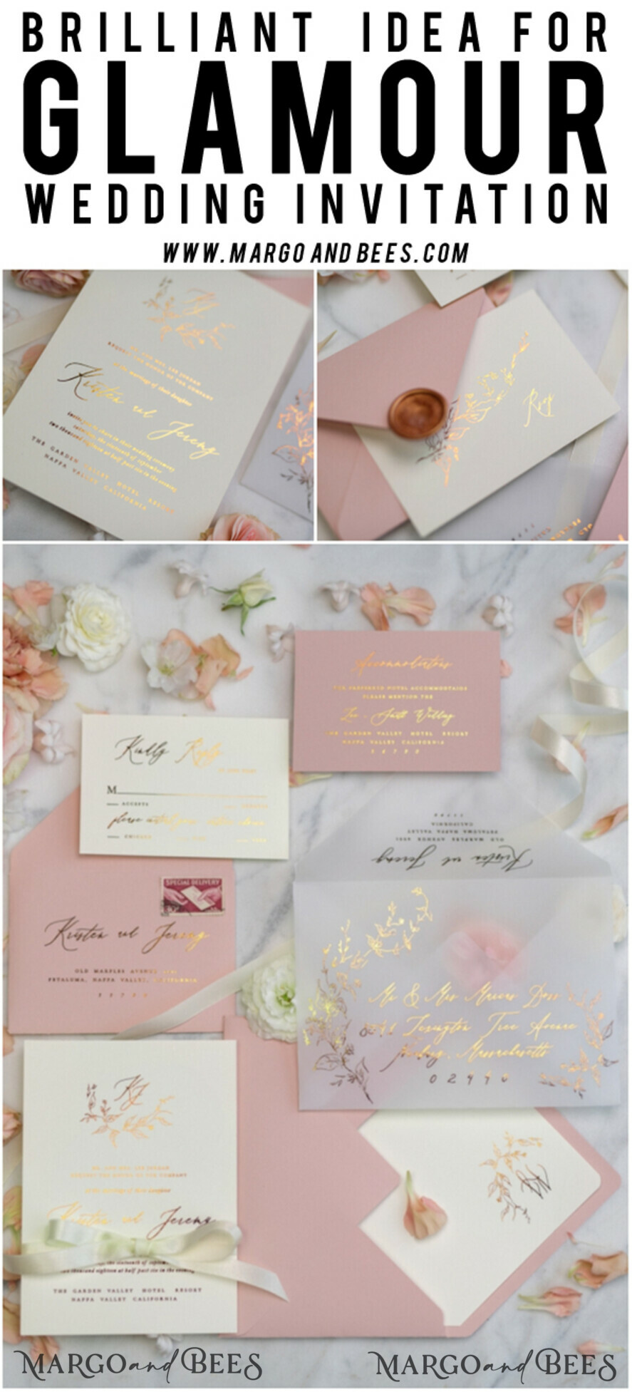 WEDDING INVITATIONS gold / rose gold / silver / glitter Romantic Blush Pink Wedding Invitations, Glamour Gold Foil Wedding Cards, Elegant Golden Wedding Invites, Bespoke Vellum Wedding Invitation Suite