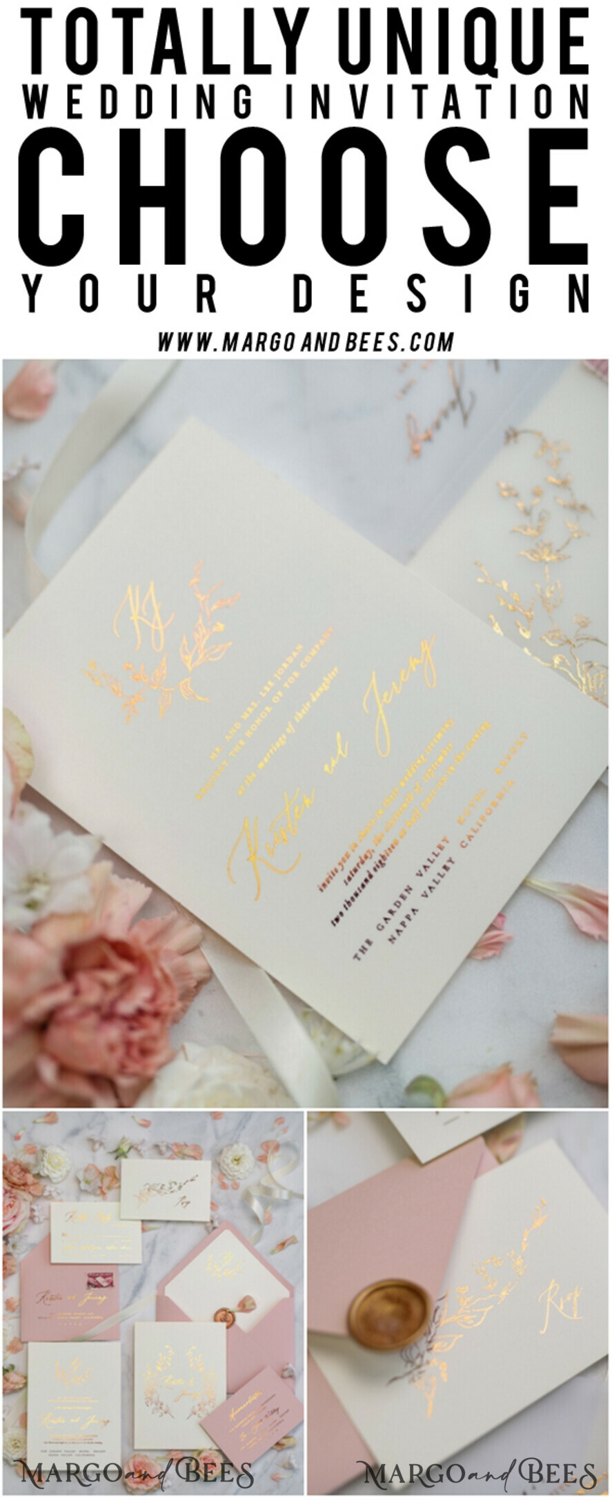 WEDDING INVITATIONS gold / rose gold / silver / glitter Romantic Blush Pink Wedding Invitations, Glamour Gold Foil Wedding Cards, Elegant Golden Wedding Invites, Bespoke Vellum Wedding Invitation Suite