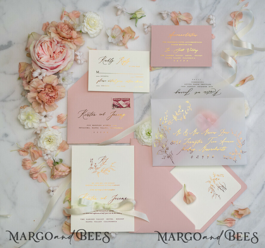 WEDDING INVITATIONS gold / rose gold / silver / glitter Romantic Blush Pink Wedding Invitations, Glamour Gold Foil Wedding Cards, Elegant Golden Wedding Invites, Bespoke Vellum Wedding Invitation Suite