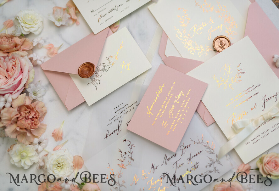 WEDDING INVITATIONS gold / rose gold / silver / glitter Romantic Blush Pink Wedding Invitations, Glamour Gold Foil Wedding Cards, Elegant Golden Wedding Invites, Bespoke Vellum Wedding Invitation Suite