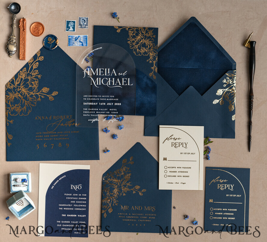 WEDDING INVITATIONS gold / rose gold / silver / glitter Navy Gold Arch Wedding invitations, Plexi Pocket Velvet Wedding Invitations, Dark Blue Gold Wedding Invitation Suite, Elegant Wedding Cards