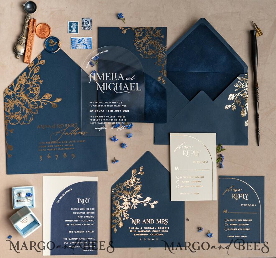 WEDDING INVITATIONS gold / rose gold / silver / glitter Navy Gold Arch Wedding invitations, Plexi Pocket Velvet Wedding Invitations, Dark Blue Gold Wedding Invitation Suite, Elegant Wedding Cards