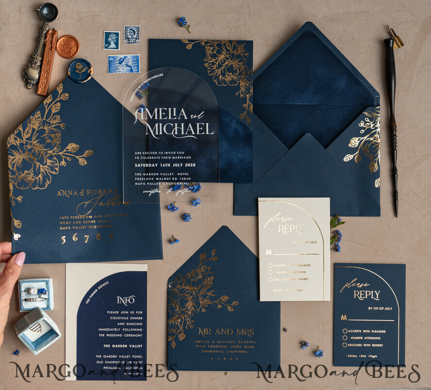 WEDDING INVITATIONS gold / rose gold / silver / glitter Navy Gold Arch Wedding invitations, Plexi Pocket Velvet Wedding Invitations, Dark Blue Gold Wedding Invitation Suite, Elegant Wedding Cards