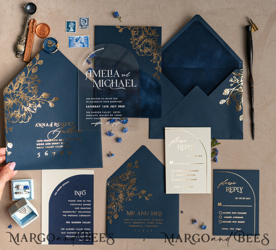 WEDDING INVITATIONS gold / rose gold / silver / glitter Navy Gold Arch Wedding invitations, Plexi Pocket Velvet Wedding Invitations, Dark Blue Gold Wedding Invitation Suite, Elegant Wedding Cards