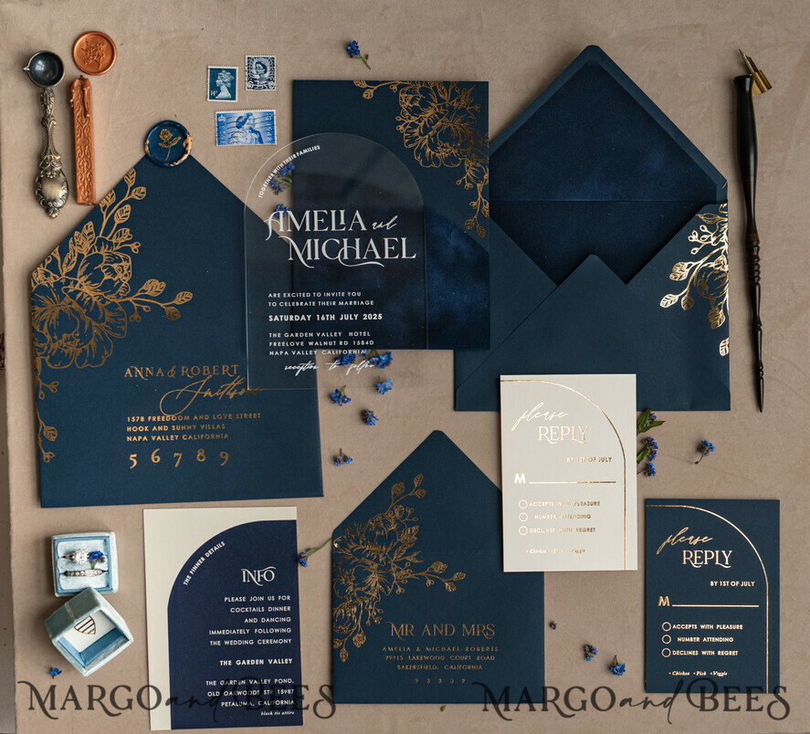 WEDDING INVITATIONS gold / rose gold / silver / glitter Navy Gold Arch Wedding invitations, Plexi Pocket Velvet Wedding Invitations, Dark Blue Gold Wedding Invitation Suite, Elegant Wedding Cards