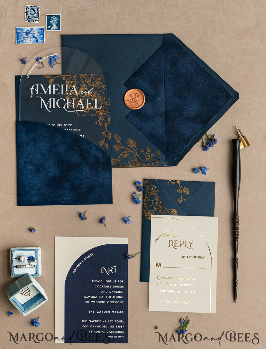 WEDDING INVITATIONS gold / rose gold / silver / glitter Navy Gold Arch Wedding invitations, Plexi Pocket Velvet Wedding Invitations, Dark Blue Gold Wedding Invitation Suite, Elegant Wedding Cards