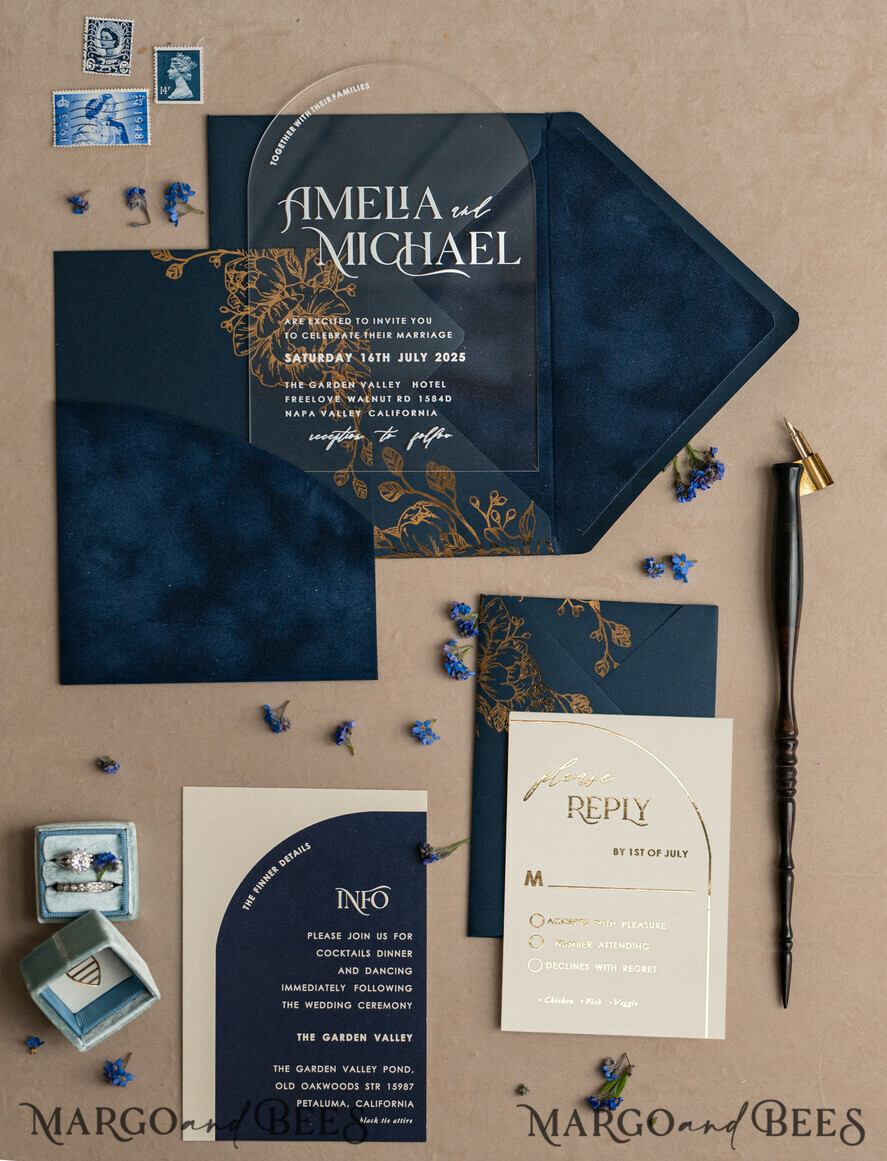 WEDDING INVITATIONS gold / rose gold / silver / glitter Navy Gold Arch Wedding invitations, Plexi Pocket Velvet Wedding Invitations, Dark Blue Gold Wedding Invitation Suite, Elegant Wedding Cards