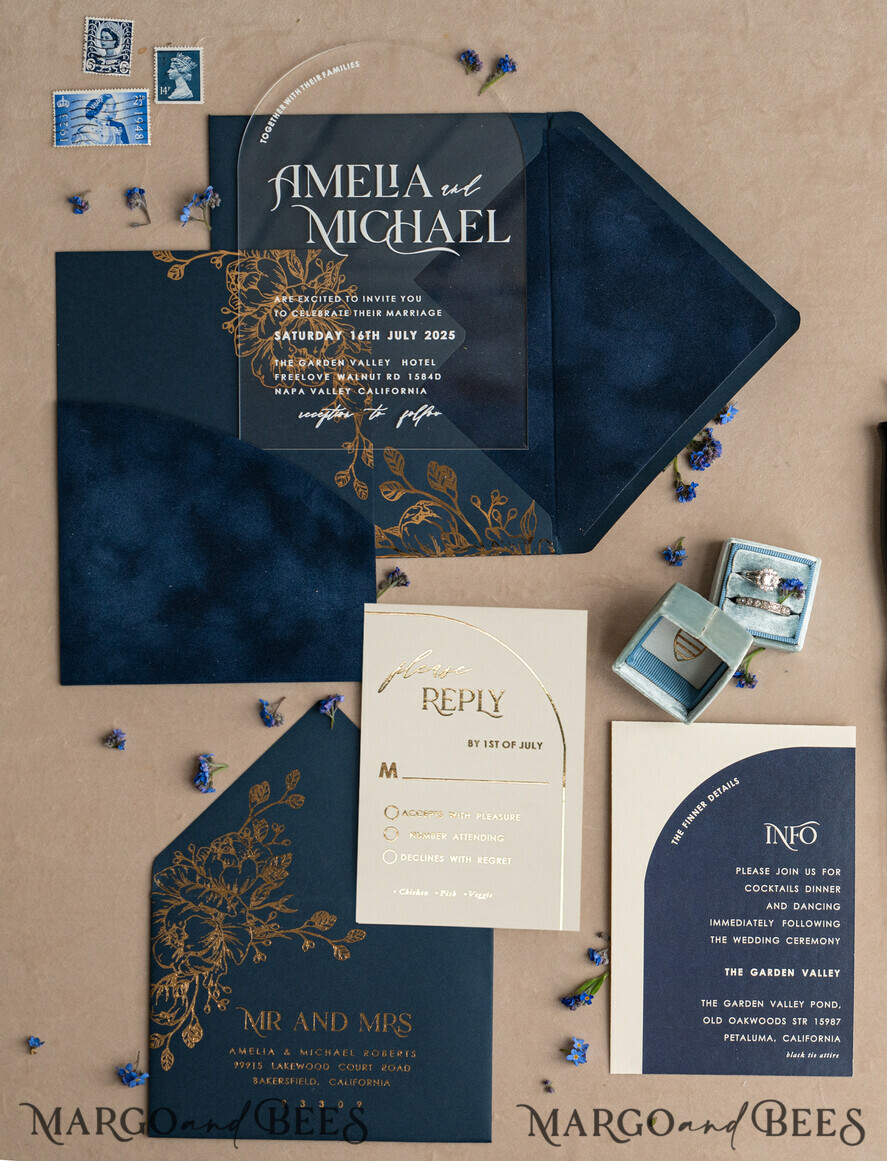 WEDDING INVITATIONS gold / rose gold / silver / glitter Navy Gold Arch Wedding invitations, Plexi Pocket Velvet Wedding Invitations, Dark Blue Gold Wedding Invitation Suite, Elegant Wedding Cards
