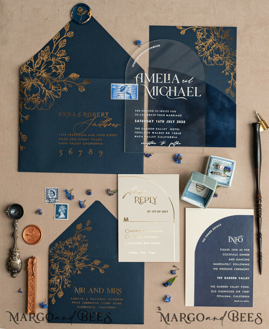 WEDDING INVITATIONS gold / rose gold / silver / glitter Navy Gold Arch Wedding invitations, Plexi Pocket Velvet Wedding Invitations, Dark Blue Gold Wedding Invitation Suite, Elegant Wedding Cards