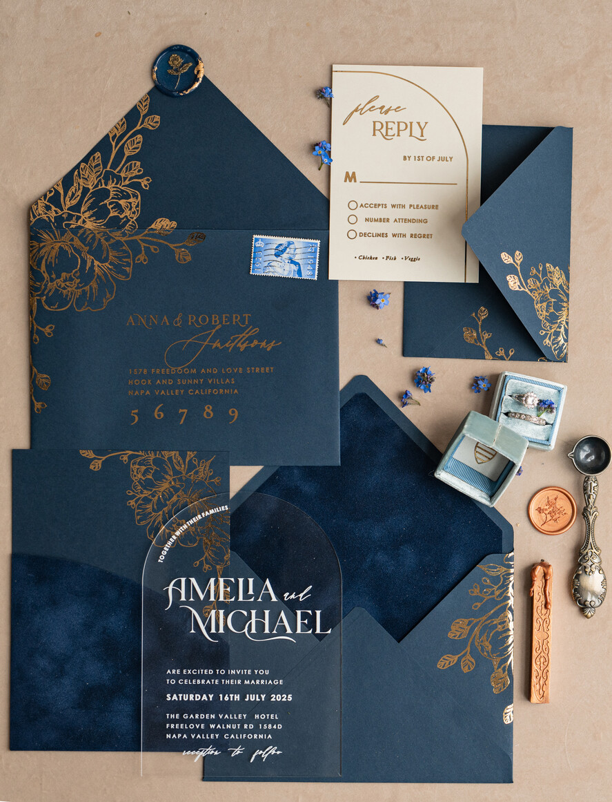 WEDDING INVITATIONS gold / rose gold / silver / glitter Navy Gold Arch Wedding invitations, Plexi Pocket Velvet Wedding Invitations, Dark Blue Gold Wedding Invitation Suite, Elegant Wedding Cards