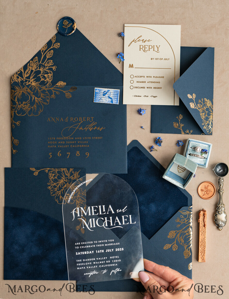 WEDDING INVITATIONS gold / rose gold / silver / glitter Navy Gold Arch Wedding invitations, Plexi Pocket Velvet Wedding Invitations, Dark Blue Gold Wedding Invitation Suite, Elegant Wedding Cards