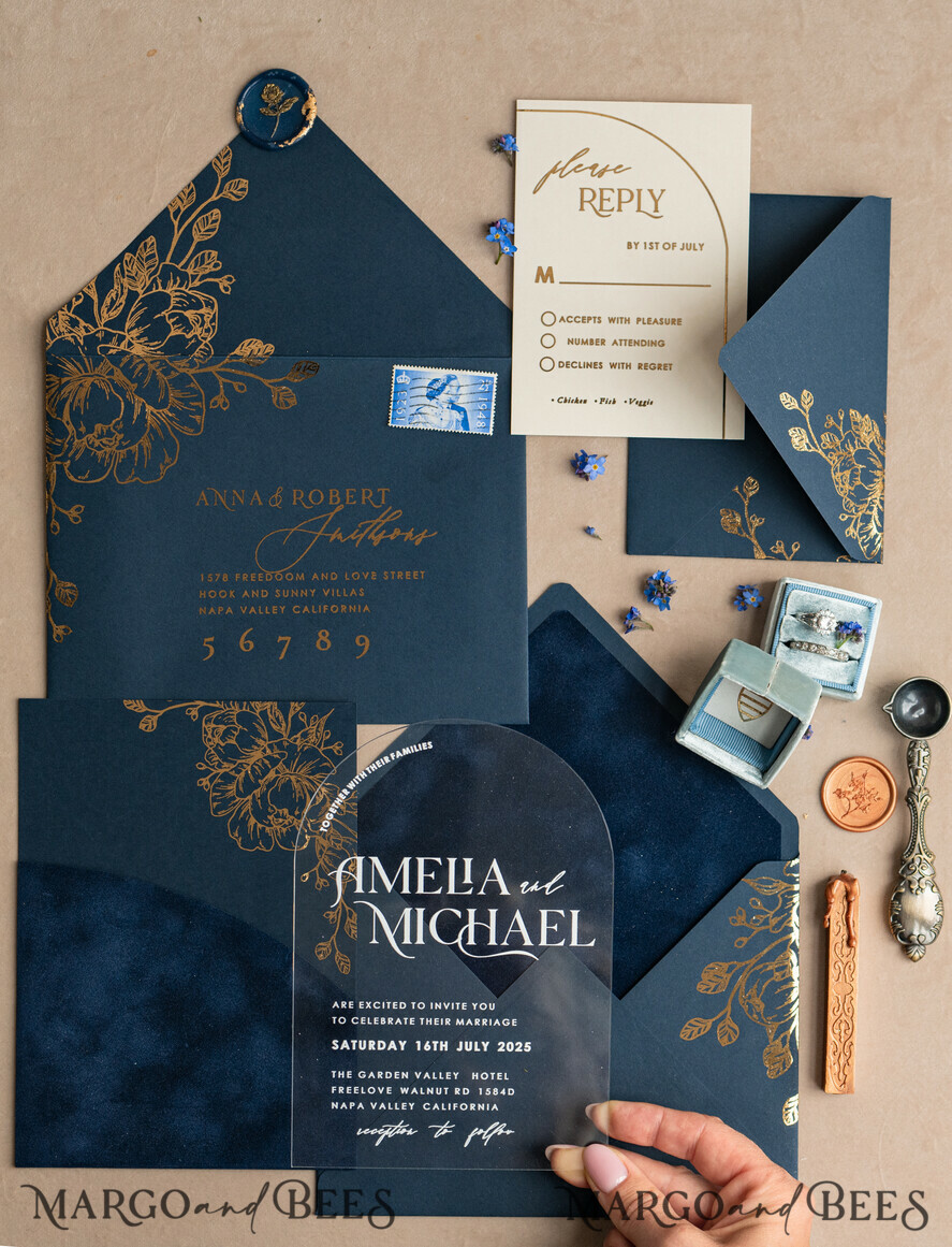 WEDDING INVITATIONS gold / rose gold / silver / glitter Navy Gold Arch Wedding invitations, Plexi Pocket Velvet Wedding Invitations, Dark Blue Gold Wedding Invitation Suite, Elegant Wedding Cards