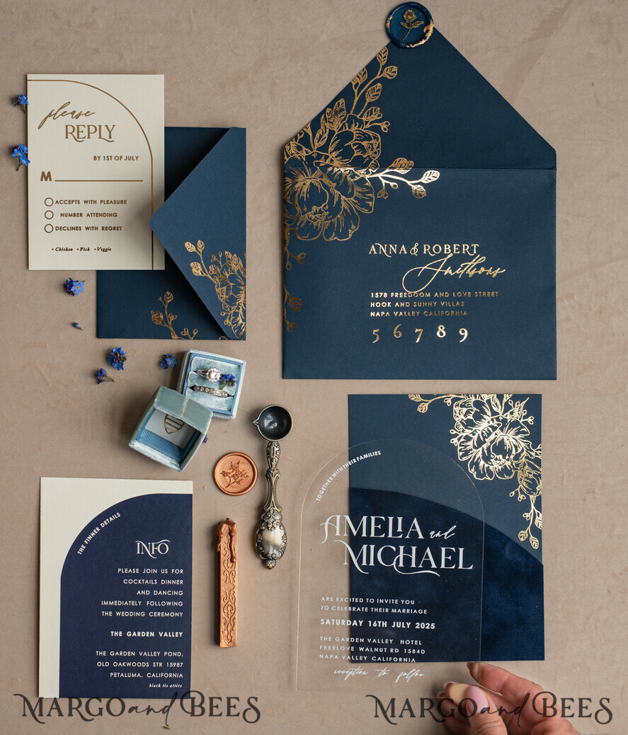 WEDDING INVITATIONS gold / rose gold / silver / glitter Navy Gold Arch Wedding invitations, Plexi Pocket Velvet Wedding Invitations, Dark Blue Gold Wedding Invitation Suite, Elegant Wedding Cards