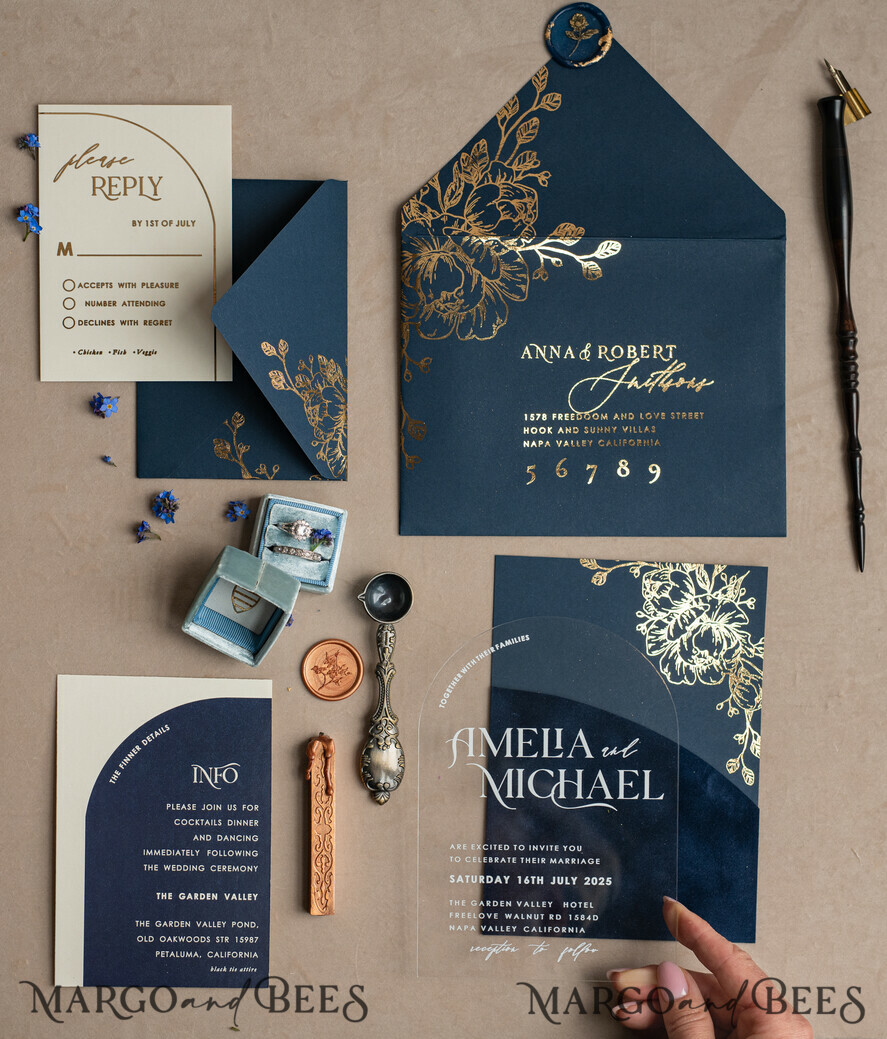 WEDDING INVITATIONS gold / rose gold / silver / glitter Navy Gold Arch Wedding invitations, Plexi Pocket Velvet Wedding Invitations, Dark Blue Gold Wedding Invitation Suite, Elegant Wedding Cards