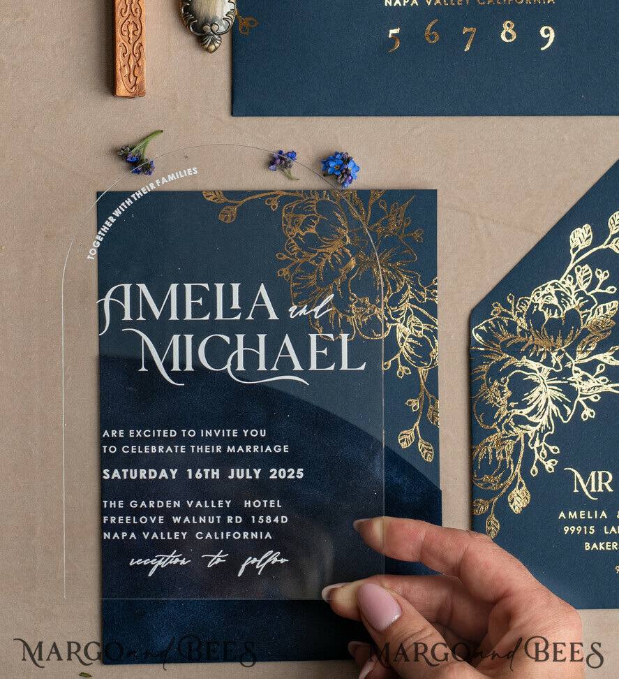 WEDDING INVITATIONS gold / rose gold / silver / glitter Navy Gold Arch Wedding invitations, Plexi Pocket Velvet Wedding Invitations, Dark Blue Gold Wedding Invitation Suite, Elegant Wedding Cards