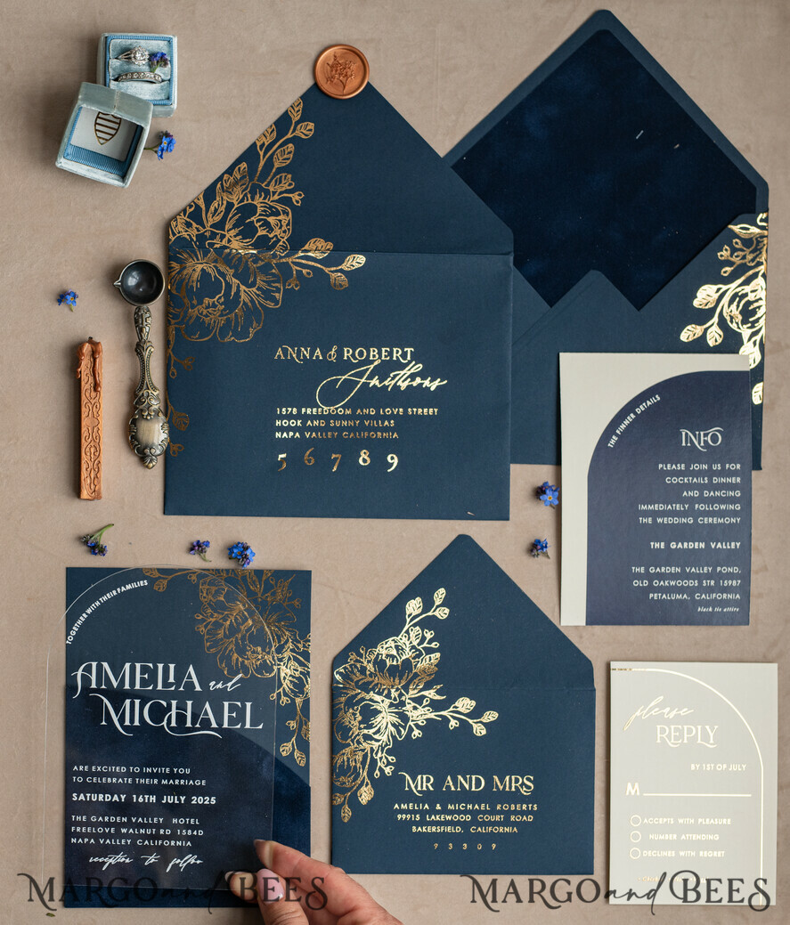 WEDDING INVITATIONS gold / rose gold / silver / glitter Navy Gold Arch Wedding invitations, Plexi Pocket Velvet Wedding Invitations, Dark Blue Gold Wedding Invitation Suite, Elegant Wedding Cards