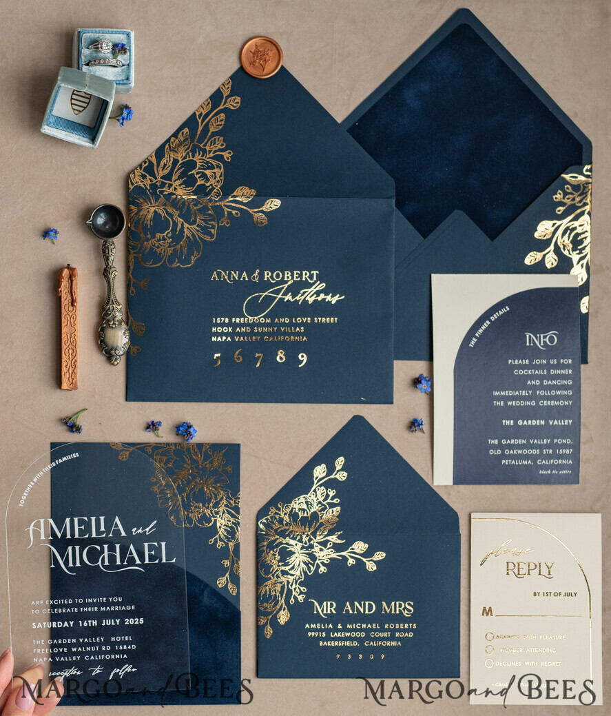 WEDDING INVITATIONS gold / rose gold / silver / glitter Navy Gold Arch Wedding invitations, Plexi Pocket Velvet Wedding Invitations, Dark Blue Gold Wedding Invitation Suite, Elegant Wedding Cards