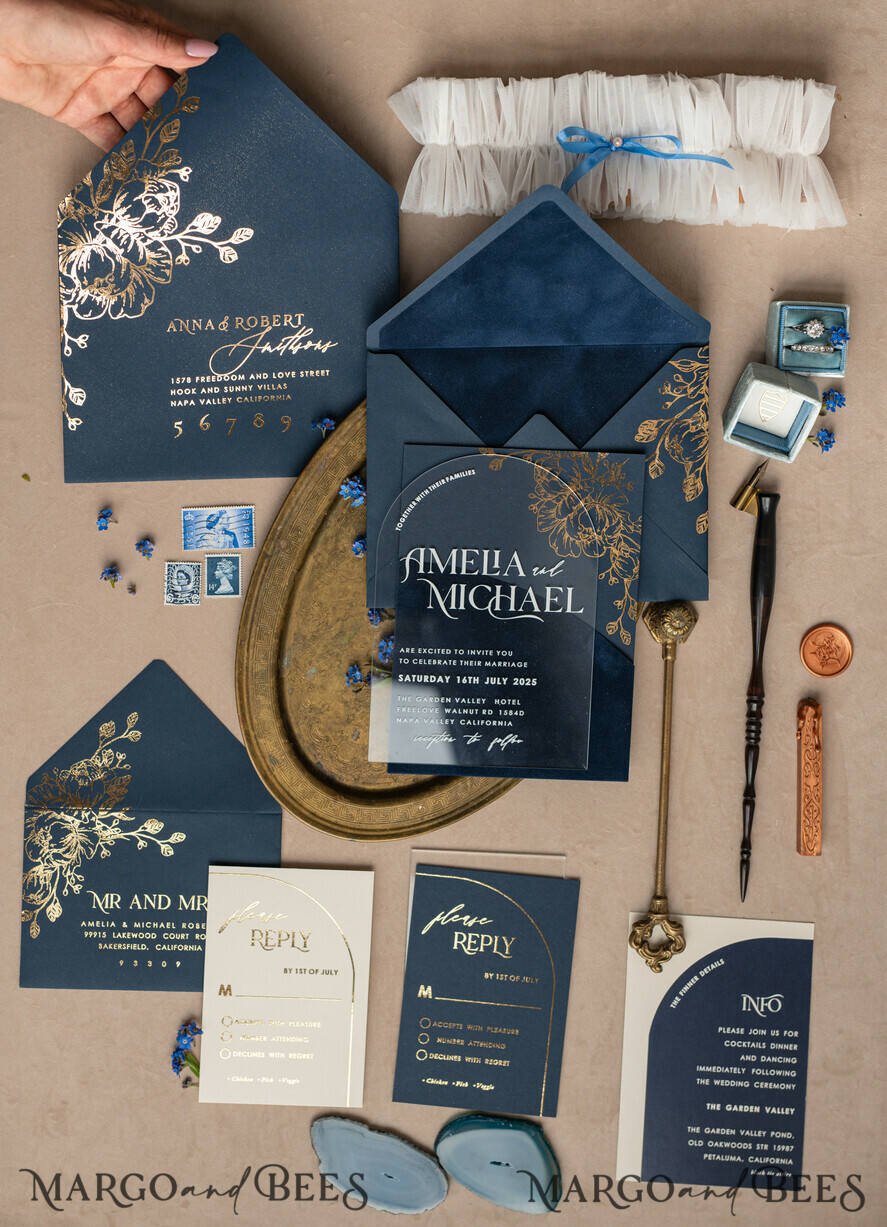 WEDDING INVITATIONS gold / rose gold / silver / glitter Navy Gold Arch Wedding invitations, Plexi Pocket Velvet Wedding Invitations, Dark Blue Gold Wedding Invitation Suite, Elegant Wedding Cards