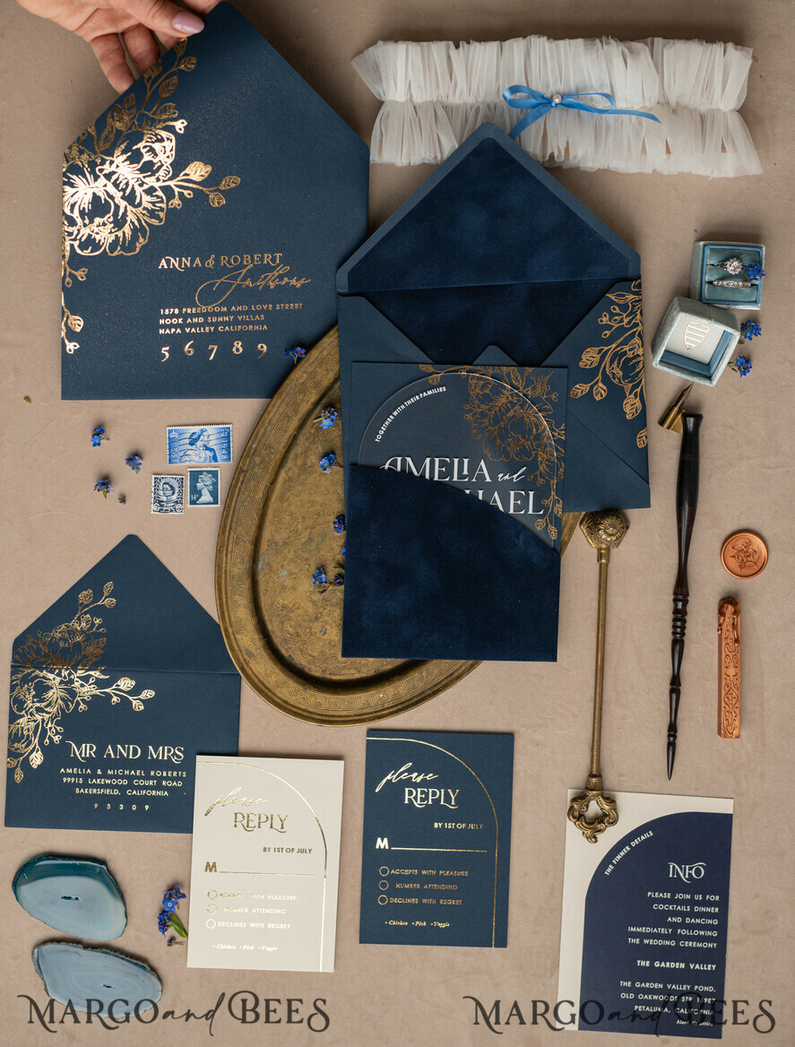 WEDDING INVITATIONS gold / rose gold / silver / glitter Navy Gold Arch Wedding invitations, Plexi Pocket Velvet Wedding Invitations, Dark Blue Gold Wedding Invitation Suite, Elegant Wedding Cards