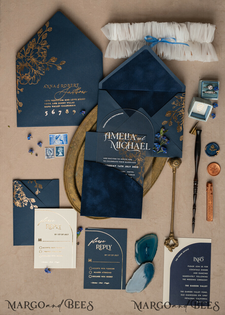 WEDDING INVITATIONS gold / rose gold / silver / glitter Navy Gold Arch Wedding invitations, Plexi Pocket Velvet Wedding Invitations, Dark Blue Gold Wedding Invitation Suite, Elegant Wedding Cards