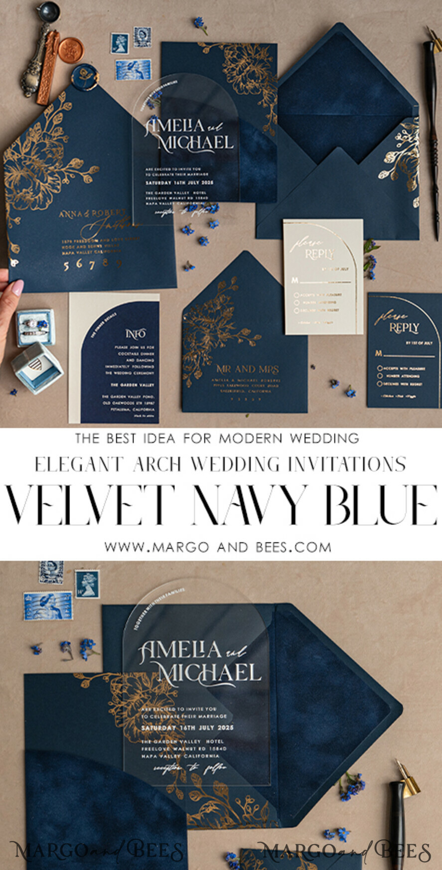WEDDING INVITATIONS gold / rose gold / silver / glitter Navy Gold Arch Wedding invitations, Plexi Pocket Velvet Wedding Invitations, Dark Blue Gold Wedding Invitation Suite, Elegant Wedding Cards