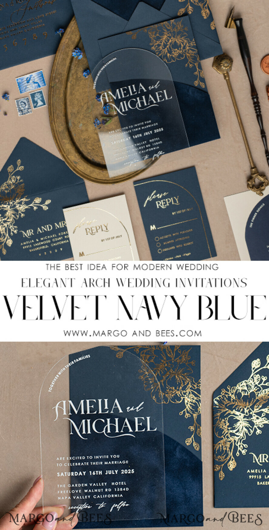 WEDDING INVITATIONS gold / rose gold / silver / glitter Navy Gold Arch Wedding invitations, Plexi Pocket Velvet Wedding Invitations, Dark Blue Gold Wedding Invitation Suite, Elegant Wedding Cards
