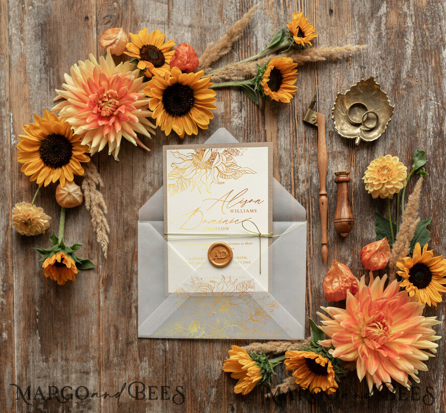 WEDDING INVITATIONS gold / rose gold / silver / glitter Rustic Glam Wedding Invitations, Bespoke Vintage Wedding Cards, Elegant Golden Shine Wedding Invites, Gold Glitter Sunflower Wedding Invites