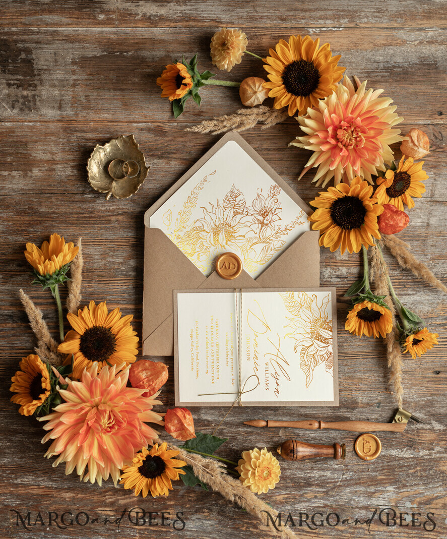 WEDDING INVITATIONS gold / rose gold / silver / glitter Rustic Glam Wedding Invitations, Bespoke Vintage Wedding Cards, Elegant Golden Shine Wedding Invites, Gold Glitter Sunflower Wedding Invites
