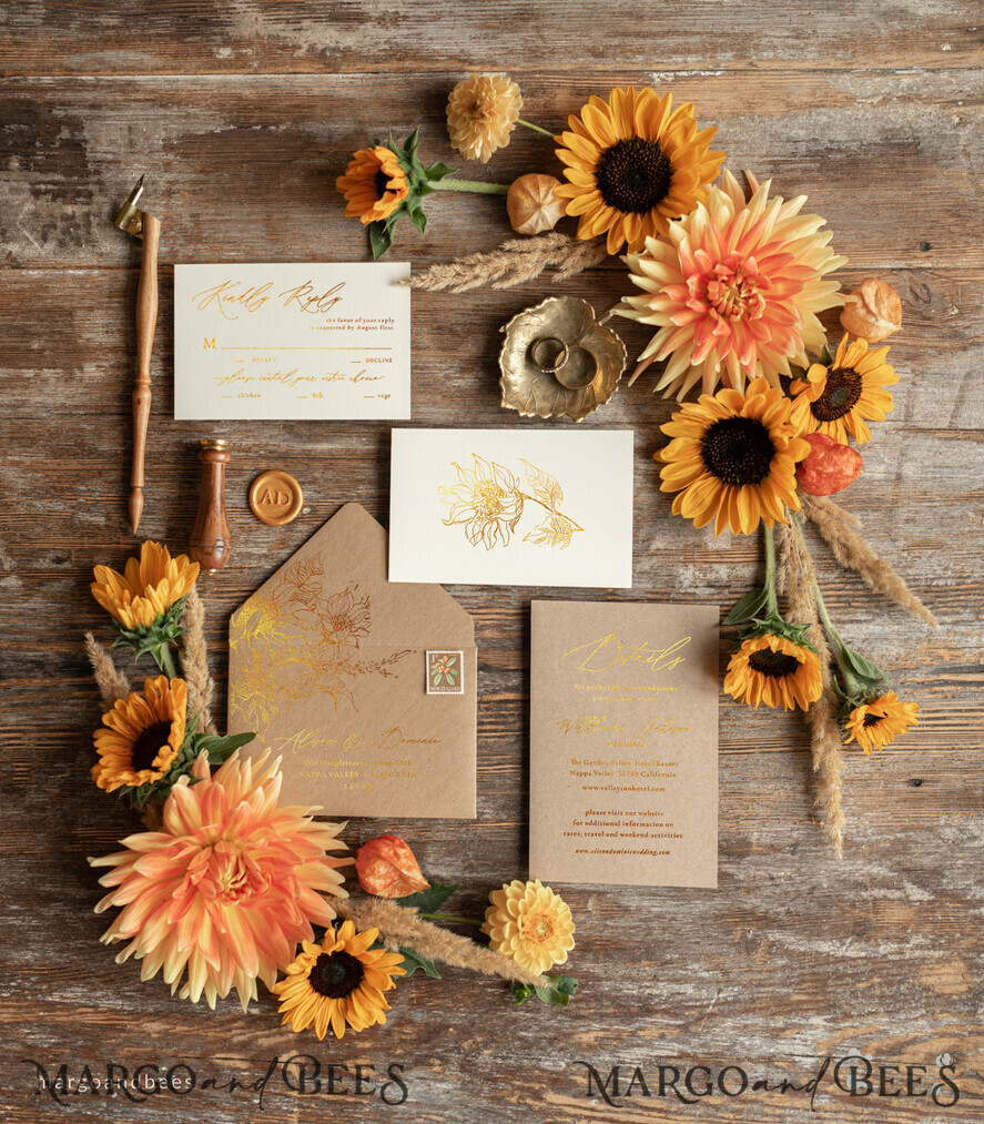WEDDING INVITATIONS gold / rose gold / silver / glitter Rustic Glam Wedding Invitations, Bespoke Vintage Wedding Cards, Elegant Golden Shine Wedding Invites, Gold Glitter Sunflower Wedding Invites